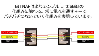 BITNAPはよりシンプルにlittleBitsの
仕組みに触れる。常に電流を通す＋ーで
パチパチつないでいく仕組みを実現しています。
 