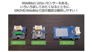 littleBitsにはないセンサーもある。
いろいろ試してみたくなるとともに、
GROVE/littleBitsで試行錯誤は維持しやすい！
 