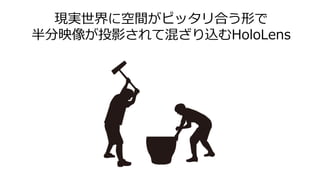 現実世界に空間がピッタリ合う形で
半分映像が投影されて混ざり込むHoloLens
 