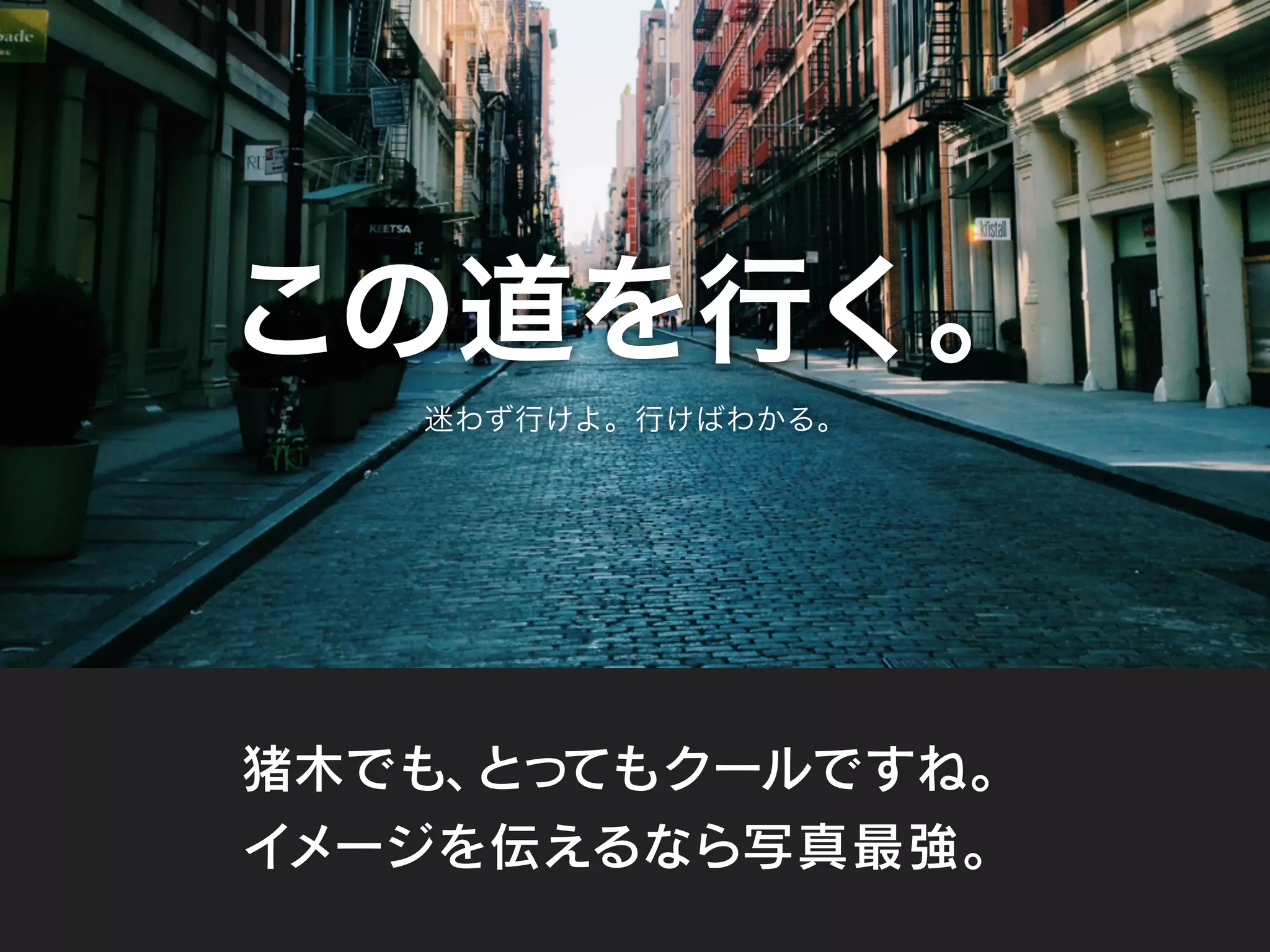 この道を行く。
迷わず行けよ。行けばわかる。
猪木でも、とってもクールですね。
イメージを伝えるなら写真最強。
 