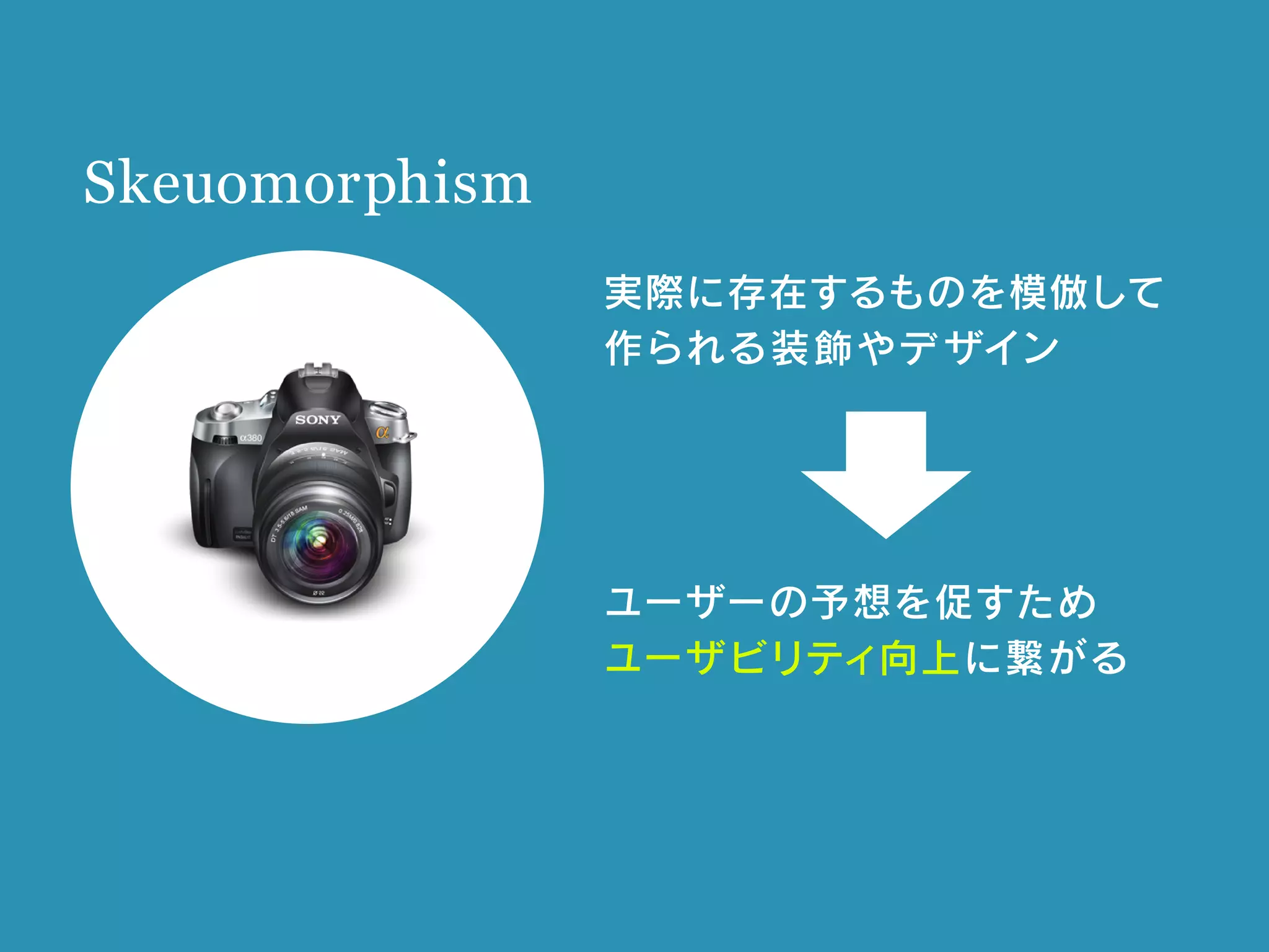 Skeuomorphism
実際に存在するものを模倣して
作られる装飾やデザイン
ユーザーの予想を促すため
ユーザビリティ向上に繋がる
 