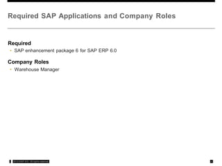 Required SAP Applications and Company Roles
Required
• SAP enhancement package 6 for SAP ERP 6.0
Company Roles
• Warehouse Manager
,: 2012 SAP AG All rights rcservca ,#,
 