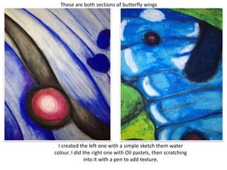 These are both sections of butterfly wings




  I created the left one with a simple sketch them water
colour. I did the right one with Oil pastels, then scratching
              into it with a pen to add texture.
 