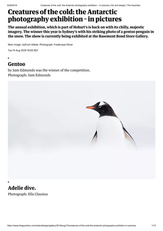8/29/2018 Creatures of the cold: the Antarctic photography exhibition – in pictures | Art and design | The Guardian
https://www.theguardian.com/artanddesign/gallery/2018/aug/15/creatures-of-the-cold-the-antarctic-photography-exhibition-in-pictures 1/13
Creatures of the cold: the Antarctic
photography exhibition in pictures
The annual exhibition, which is part of Hobart’s is back on with its chilly, majestic
imagery. The winner this year is Sydney’s with his striking photo of a gentoo penguin in
the snow. The show is currently being exhibited at the Basement Bond Store Gallery.
Main image: Upfront Adelie. Photograph: Frederique Oliver
Tue 14 Aug 2018 19.00 BST
Gentoo
by Sam Edmonds was the winner of the competition.
Photograph: Sam Edmonds
Adelie dive.
Photograph: Ella Clausius
 