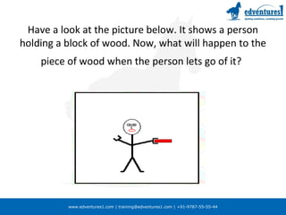 www.edventures1.com | training@edventures1.com | +91-9787-55-55-44
Have a look at the picture below. It shows a person
holding a block of wood. Now, what will happen to the
piece of wood when the person lets go of it?
 