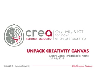 Syros 2016 – Aegean University CREA Summer Academy
Creativity & ICT
for new
entrepreneurship
UNPACK CREATIVITY CANVAS
Arianna Vignati | Politecnico di Milano
12th July 2016
 