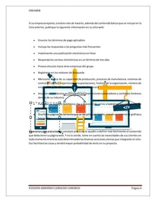 CREAWEB
EDISSON ARMANDO CAMACHO CAMARGO Página 6
Si su empresaexporta,oestáenvías de hacerlo,ademásdel contenidobásicoque se incluye en la
lista anterior, publique la siguiente información en su sitio web:
 Enuncie los términos de pago aplicables
 Incluya las respuestas a las preguntas más frecuentes
 Implemente una publicación electrónica en línea
 Responda los correos electrónicos en un término de tres días
 Provea vínculos hacia otras empresas del grupo
 Regístrese en los motores de búsqueda
 Mencione acerca de su capacidad de producción, procesos de manufactura, sistemas de
control de calidad, experiencia en exportaciones, historia de la organización, número de
empleados y, de ser posible, su situación financiera
 Anuncie susproductosensitioswebque promocionencompradores y contactos foráneos
dentro de su industria
 Publique su número telefónico, fax y dirección de correo electrónico en cada una de las
páginas del sitio
 Diseñe laspáginasde tal formaque se desplieguenrápido,usandounmínimode gráficosy
fotografías
Esperemos que estos breves consejos prácticos le ayuden a definir más fácilmente el contenido
que debe tenersupáginaweb. Y no lo olvide, tome en cuenta las necesidades de sus clientes en
todomomentomientrasesté determinandolasdiversasseccionesytemasque integrarán el sitio.
Eso facilitará las cosas y tendrá mayor probabilidad de éxito en su proyecto.
 