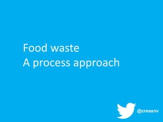 Food waste
A process approach

This	
  Slidedeck	
  was	
  presented	
  to	
  FEVIA,	
  the	
  Belgian	
  food	
  
industry	
  federaAon,	
  during	
  a	
  study	
  day	
  on	
  lowering	
  food	
  
waste.	
  
Jan	
  -­‐	
  2014	
  

@creaxnv	
  

 