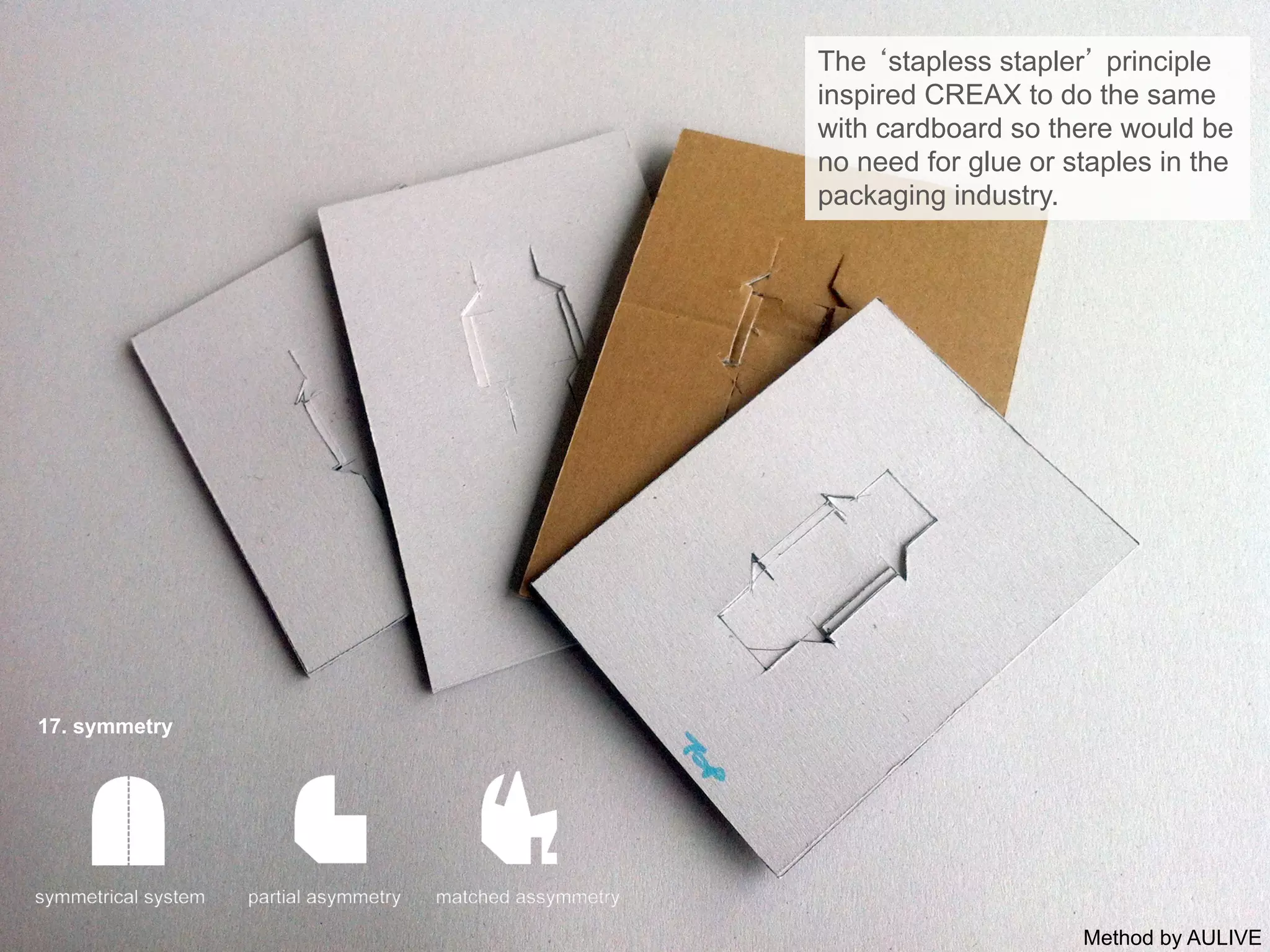 17. symmetry
The ‘stapless stapler’ principle
inspired CREAX to do the same
with cardboard so there would be
no need for glue or staples in the
packaging industry.
Method by AULIVE
 