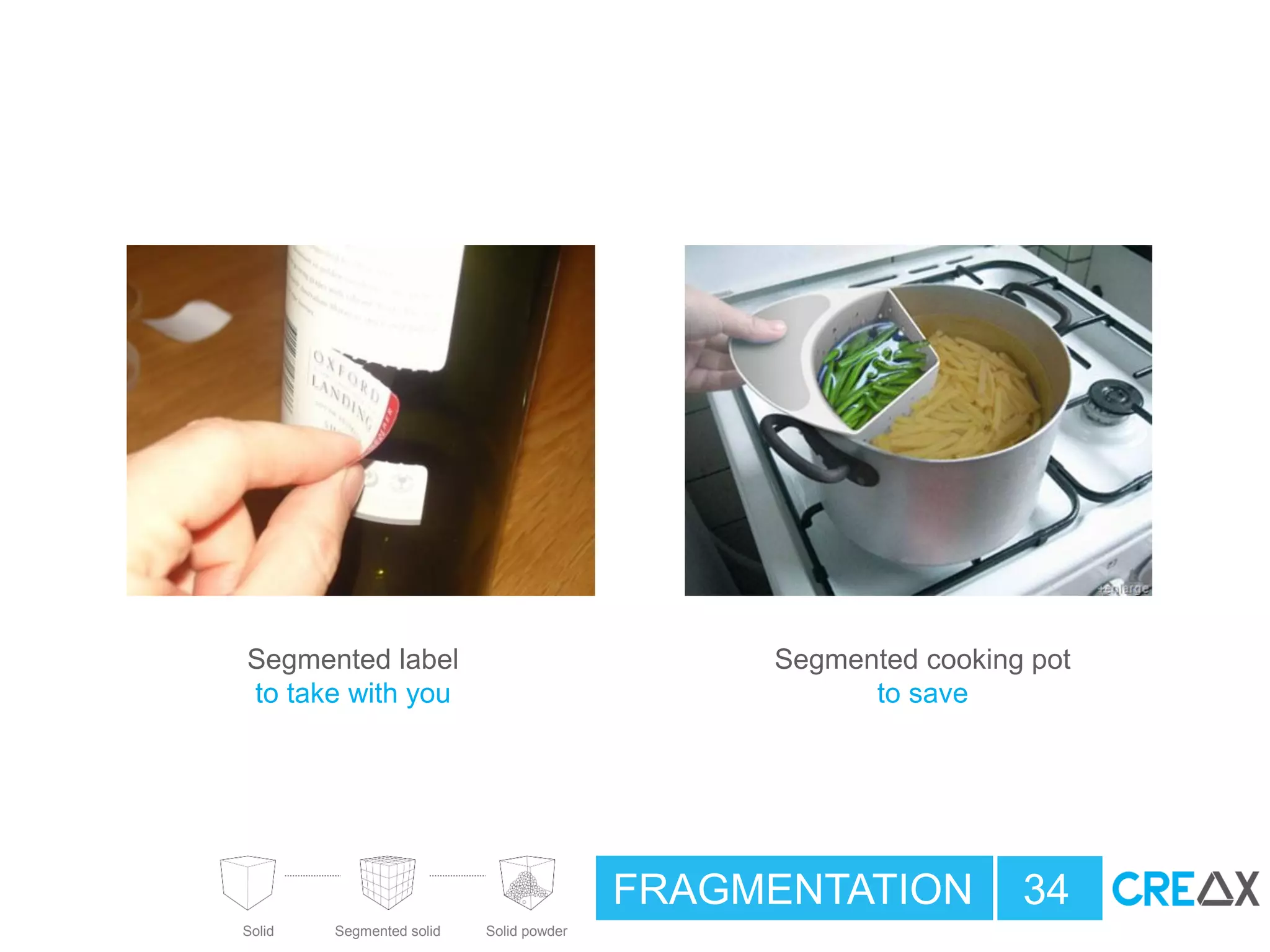 Solid Segmented solid Solid powder
FRAGMENTATION 34
Segmented label
to take with you
Segmented cooking pot
to save
 