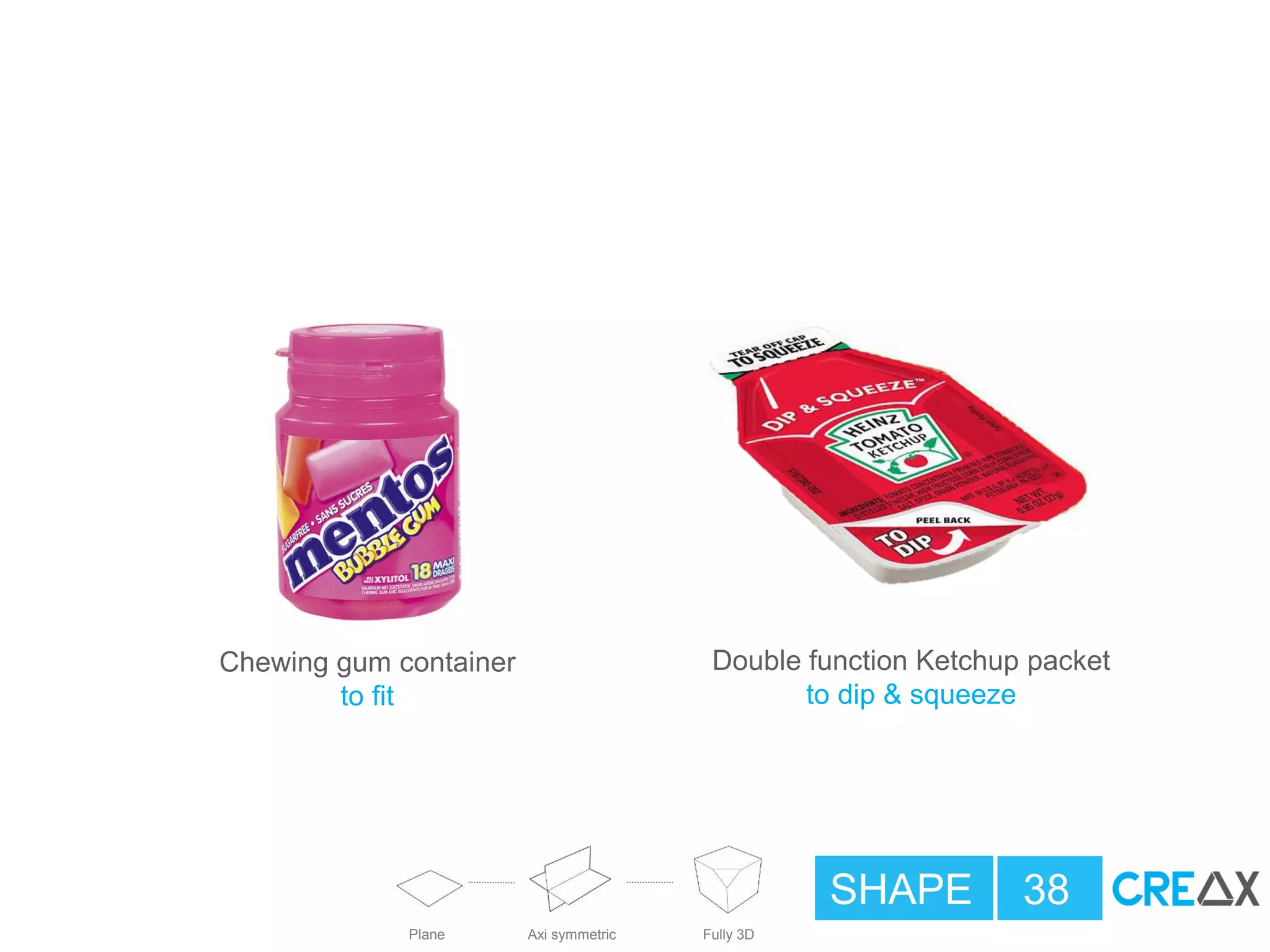 SHAPE 38
Chewing gum container
to fit
Double function Ketchup packet
to dip & squeeze
Axi symmetric Fully 3DPlane
 