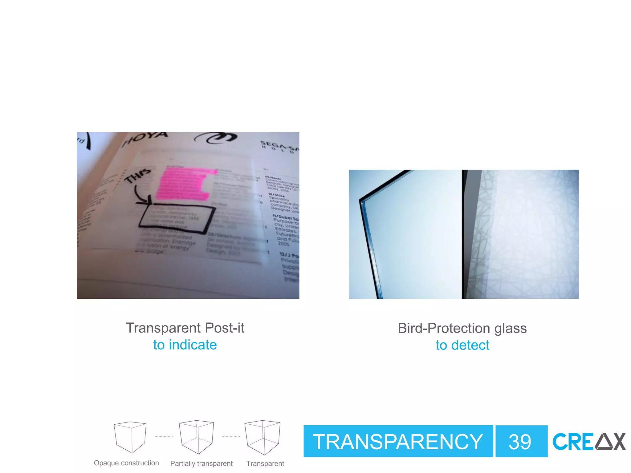 TRANSPARENCY 39
Bird-Protection glass
to detect
Opaque construction Partially transparent Transparent
Transparent Post-it
to indicate
 