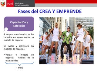 Fases del CREA Y EMPRENDE
Capacitación y
Selección
1
A los pre seleccionados se les
capacita en como armar su
modelo de negocio.
Se evalúa y selecciona los
modelos de negocios.
Validar el modelo de
negocio:
Análisis de la
escalabilidad
1 mes

 