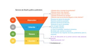 Servicio de Diseño gráfico publicitario
Atención
¿Quieres dar a conocer tus productos?
¿Quieres tener más clientes?
¿Quieres ganar más clientes?
¿Quieres aumentar tus ventas?
¿Quieres que tus productos lleguen a más clientes?
01
Interés
Nosotros te damos la solución
Nosotros podemos ayudarte
Nosotros tenemos la solución
Tenemos lo que tú necesitas
Ven al lugar indicado
Te damos la solución
Lo que tú necesitas, nosotros lo tenemos
No estás solo, somos tu solución
Te brindamos los mejores anuncios publicitarios para tu
empresa
02
Deseo
30 % de descuento en tu primer servicio más asesoría
gratuita.
Super promoción: 2x1
03
Acción
Contáctanos al: …
04
 