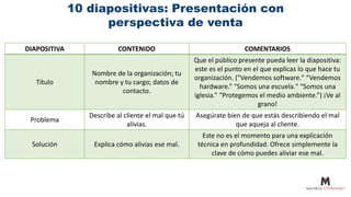 10 diapositivas: Presentación con
perspectiva de venta
DIAPOSITIVA CONTENIDO COMENTARIOS
Título
Nombre de la organización; tu
nombre y tu cargo; datos de
contacto.
Que el público presente pueda leer la diapositiva:
este es el punto en el que explicas lo que hace tu
organización. ("Vendemos software." “Vendemos
hardware.” "Somos una escuela." “Somos una
iglesia.” “Protegemos el medio ambiente.”) ¡Ve al
grano!
Problema
Describe al cliente el mal que tú
alivias.
Asegúrate bien de que estás describiendo el mal
que aqueja al cliente.
Solución Explica cómo alivias ese mal.
Este no es el momento para una explicación
técnica en profundidad. Ofrece simplemente la
clave de cómo puedes aliviar ese mal.
 