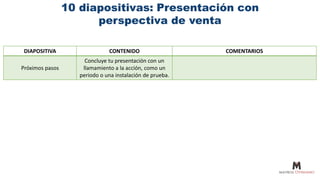 10 diapositivas: Presentación con
perspectiva de venta
DIAPOSITIVA CONTENIDO COMENTARIOS
Próximos pasos
Concluye tu presentación con un
llamamiento a la acción, como un
periodo o una instalación de prueba.
 
