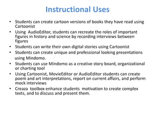 Instructional Uses
• Students can create cartoon versions of books they have read using
  Cartoonist
• Using AudioEditor, students can recreate the roles of important
  figures in history and science by recording interviews between
  figures
• Students can write their own digital stories using Cartoonist
• Students can create unique and professional looking presentations
  using Mindomo.
• Students can use Mindomo as a creative story board, organizational
  or charting tool
• Using Cartoonist, MovieEditor or AudioEditor students can create
  poem and art interpretations, report on current affairs, and perform
  mock interviews
• Creaza toolbox enhance students motivation to create complex
  texts, and to discuss and present them.
 