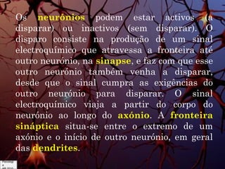 Os neurónios podem estar activos (a
disparar) ou inactivos (sem disparar). O
disparo consiste na produção de um sinal
electroquímico que atravessa a fronteira até
outro neurónio, na sinapse, e faz com que esse
outro neurónio também venha a disparar,
desde que o sinal cumpra as exigências do
outro neurónio para disparar. O sinal
electroquímico viaja a partir do corpo do
neurónio ao longo do axónio. A fronteira
sináptica situa-se entre o extremo de um
axónio e o início de outro neurónio, em geral
das dendrites.
Psicologi
a

 