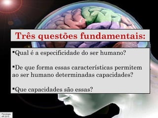 Três questões fundamentais:
Qual é a especificidade do ser humano?
De que forma essas características permitem
ao ser humano determinadas capacidades?
Que capacidades são essas?

Psicologia
AR 2010

 