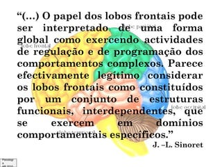 “(…) O papel dos lobos frontais pode
ser interpretado de uma forma
global como exercendo actividades
de regulação e de programação dos
comportamentos complexos. Parece
efectivamente legítimo considerar
os lobos frontais como constituídos
por um conjunto de estruturas
funcionais, interdependentes, que
se
exercem
em
domínios
comportamentais específicos.”
J. –L. Sinoret
Psicologi
a

 