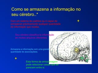 Como se armazena a informação no seu cérebro..* Com um sistema de padrões qu é capaz de armazenar prácticamente qualquer quantidade de  informação   que receba. Seu cérebro classifica la informação en muitos arquivos diferentes. Armazena a informaçõa com uma grande quantidade de associaçõess. Esta forma de armazenagem pode relacionar coisas que se parecem entre si. 