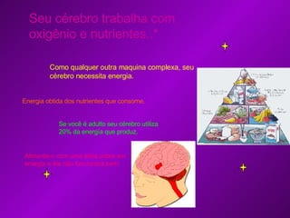 Seu cérebro trabalha com oxigênio e nutrientes..* Como qualquer outra maquina complexa, seu cérebro necessita energia. Energia obtida dos nutrientes que consome. Se você é adulto seu cérebro utiliza 20% da energía que produz. Alimente-o com uma dieta pobre em energía e êle não funcionará bem. 