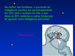 Na melhor das hipóteses, o quociente de inteligência contribui em aproximadamente em 20% para o sucesso na vida, o que deixa os 80% restantes a outras forças que se agrupan como inteligência emocional. Daniel Goleman 