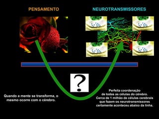 PENSAMENTO          NEUROTRANSMISSORES




                                            Perfeita coordenação
                                       de todas as células do cérebro.
Quando a mente se transforma, o
                                   Cerca de 1 milhão de células cerebrais
 mesmo ocorre com o cérebro.         que fazem os neurotransmissores
                                   certamente aconteceu abaixo da linha.
 