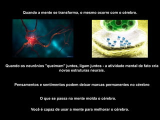 Quando a mente se transforma, o mesmo ocorre com o cérebro.




Quando os neurônios "queimam" juntos, ligam juntos - a atividade mental de fato cria
                           novas estruturas neurais.


    Pensamentos e sentimentos podem deixar marcas permanentes no cérebro


                  O que se passa na mente molda o cérebro.

             Você é capaz de usar a mente para melhorar o cérebro.
 