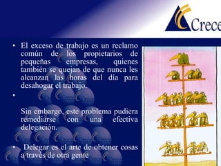 El exceso de trabajo es un reclamo común de los propietarios de pequeñas empresas, quienes también se quejan de que nunca les alcanzan las horas del día para desahogar el trabajo. Sin embargo, este problema pudiera remediarse con una efectiva delegación. Delegar es el arte de obtener cosas a través de otra gente   