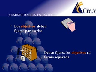ADMINISTRACION ESTRATEGICA Los  objetivos   deben fijarse por escrito Deben fijarse los  objetivos  en forma separada 
