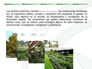 Los jardines botánicos, del latín h o rtu s b o ta n ic u s , son instituciones habilitadas
por un organismo público, privado o asociativo (en ocasiones la gestión es
mixta) cuyo objetivo es el estudio, la conservación y divulgación de la
diversidad vegetal. Se caracterizan por exhibir colecciones científicas de
plantas vivas, que se cultivan para conseguir alguno de estos objetivos: su
conservación, investigación, divulgación y enseñanza.
 