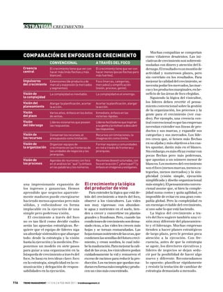 Estrategia Crecimiento



                                                                                                           Muchas compañías se comportan
      Comparación de enfoques de crecimiento                                                           como viñateros desatentos. Las ini-
                                                                                                       ciativas de crecimiento son sobreesti-
                           Convencional                          A través del foco
                                                                                                       muladas con dinero y atención del li-
      Creencia             El crecimiento tiene que ver con      El crecimiento tiene que ver con      derazgo. El resultado es un montón de
      central              hacer más (más flechas y más          hacer menos (pocas flechas pero       actividad y numerosos planes, pero
                           blancos).                             más fuertes).
                                                                                                       sin correlato en los resultados. Para
      Impulsores      Extensiones (de producto y de              Foco (marcas, categorías,             mejorar la calidad del crecimiento, se
      del crecimiento marca) y expansión (a mercados             mercados) y simplificación            necesita podar los mercados, las mar-
                           y segmentos).                         (visión, proceso, gente).
                                                                                                       cas y los productos marginales, en be-
      Visión de            La complejidad es inevitable.         La complejidad es el enemigo.         neficio de las áreas de foco elegidas.
      la complejidad                                                                                       Siguiendo la lógica del vinicultor,
      Visión del           Alargar la planificación, acortar     Acortar la planificación, alargar     los líderes deben revertir el pensa-
      planeamiento         la acción.                            la acción.                            miento convencional sobre la gestión
                                                                                                       de la organización, los procesos y la
      Visión               Varios años; énfasis en los éxitos    Inmediato; énfasis en las
      del plazo                                                                                        gente para el crecimiento (ver cua-
                           de ventas.                            victorias rápidas.
                                                                                                       dro). Por ejemplo, una creencia cen-
      Visión               Líderes visionarios que poseen        Líderes facilitadores que inspiran    tral convencional es que las empresas
      del liderazgo        las respuestas.                       a su gente y la motivan a descubrir   necesitan extender sus líneas de pro-
                                                                 las respuestas.
                                                                                                       ductos y sus marcas, y expandir sus
      Visión de            Conservar los recursos; el            Recursos sin limitaciones; la         categorías y sus mercados. Los líde-
      los recursos         presupuesto como limitación.          imaginación como límite.              res creen que, si tienen más flechas
      Visión de            Organizar equipos de                  Formar equipos y comunidades          en su aljaba y más objetivos a los cua-
      la organización      crecimiento en las fronteras de       en red a través de fronteras y        les apuntar, darán más en el blanco.
                           las unidades de negocios y las        jerarquías.                           Sin embargo, es más eficaz contar con
                           jerarquías.                                                                 pocas flechas pero más poderosas,
      Visión de            Agendas de reuniones con foco         Reuniones desestructuradas, con       que apuntan a un número menor de
      los procesos         en el análisis (el “qué”) y énfasis   foco en la acción (“¿ahora qué?”) y   blancos. Los motores del crecimiento
                           en las palabras y los números.        énfasis en imágenes y eslóganes.      son el foco (menos marcas, menos ca-
                                                                                                       tegorías, menos mercados) y la sim-
                                                                                                       plicidad (visión simple, ejecución
                                                                                                       simplificada y diseño organizacional
      una impresionante expansión de                    El crecimiento y la lógica                     más simple). El pensamiento conven-
      los ingresos y ganancias. Hemos                   del productor de vino                          cional asume que, si bien la comple-
      aprendido que negocios aparente-                     Para entender la lógica que está de-        jidad suma costos y quita agilidad, es
      mente maduros puede energizarse                   trás del crecimiento a través del foco,        imposible de evitar en una gran com-
      haciendo menos apuestas pero más                  observe a los vinicultores. Las vides          pañía global. Pero la complejidad es
      sólidas, y enfocándose en forma                   son muy vigorosas: con abundan-                un enemigo evitable del crecimiento,
      implacable en la ejecución de una                 te agua y nutrientes en el suelo, tien-        si uno sabe lo que está haciendo.
      simple pero poderosa visión.                      den a crecer y convertirse en plantas              La lógica del crecimiento a tra-
         El crecimiento a través del foco               grandes y frondosas. Pero, cuando las          vés del foco sugiere también una vi-
      no es tan fácil como decidir cuáles               condiciones de crecimiento son dema-           sión muy diferente del planeamien-
      serán las apuestas estratégicas. Re-              siado ricas, a las vides les crecen más        to y el liderazgo. Muchas empresas
      quiere que el equipo de líderes siga              hojas y se tornan enmarañadas. Las             tienden a hacer planes estratégicos
      un abordaje sistemático que abarque               hojas toman nutrientes de las uvas, que        de largo plazo, pero le prestan poca
      todo: desde la estrategia y la visión             contienen las semillas del futuro creci-       atención a la ejecución. Con fre-
      hasta la ejecución y la medición. Pro-            miento, y crean sombra, lo cual inhi-          cuencia, antes de que la estrategia
      ponemos un modelo en siete pasos                  be la maduración. Para mejorar la cali-        se agote, los directores ejecutivos y
      para guiar a una organización en la               dad de las uvas, los vinicultores podan        líderes de negocios se dejan sedu-
      búsqueda de crecimiento a través del              cuidadosamente la vid y remueven el            cir por la posibilidad de hacer algo
      foco. Se basa en tres ideas clave: foco           exceso de racimos para reducir la pro-         nuevo y diferente. Recomendamos
      en la estrategia, simplicidad en la co-           ducción. Los racimos que quedan ma-            lo opuesto: planificar rápidamente
      municación y delegación de respon-                duran en forma más completa y produ-           y resistir la tentación de cambiar de
      sabilidades en la ejecución.                      cen un vino más concentrado.                   estrategia demasiado a menudo.


116   TREND MANAGEMENT | V.13 N.2 • FEB-MAR 2011 | trendmanagement.cl
 