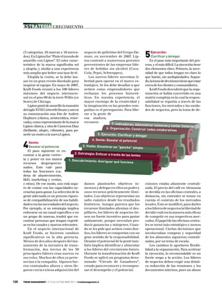 Estrategia Crecimiento



      (5 categorías, 10 marcas y 10 merca-
      dos). En Lipton fue “Pinte el mundo de
      amarillo con Lipton”. El color carac-
                                                        negocio de galletitas del Grupo Da-
                                                        none, en noviembre de 2007. Lip-
                                                        ton contrató a numerosos gerentes
                                                                                                   5   Ejecución:
                                                                                                       Clarificar y delegar
                                                                                                     Es el paso más importante del pro-
      terístico de la marca significaba sol             provenientes de las empresas líde-        ceso, y el más difícil. La ejecución tiene
      y alegría, y aludía a una experiencia             res de bebidas sin alcohol (Coca-         dos elementos clave. Primero, la nece-
      más amplia que beber una taza de té.              Cola, Pepsi, Schweppes).                  sidad de que todos tengan en claro lo
         Elegida la visión, se la debe lan-                 Los nuevos líderes necesitan li-      que harán, sin ambigüedades. Segun-
      zar en un gran evento diseñado para               bertad para operar en el marco es-        do, la toma de decisiones tiene que estar
      inspirar al equipo. En mayo de 2007,              tratégico. Se los debe desafiar a que     cerca de los clientes y consumidores.
      Kraft Foods reunió a los 100 líderes              actúen como emprendedores que                Kraft Foods descubrió que la orga-
      máximos del negocio internacio-                   rechazan los procesos burocrá-            nización se había convertido en una
      nal en el piso 99 de la torre Willis (ex          ticos. En nuestra experiencia, el         matriz compleja en la cual la respon-
      Sears) de Chicago.                                mayor enemigo de la creatividad y         sabilidad se repartía a través de las
         Lipton pintó de amarillo la mansión            la imaginación en las grandes com-        funciones, los mercados y las unida-
      del siglo XVIII Colworth House y usó en           pañías es el presupuesto. Para libe-      des de negocios, pero la toma de de-
      su comunicación una foto de Audrey                rar a la gente de
      Hepburn (clásica, aristocrática, reser-           esa atadura,
      vada), como representante de la marca             recomen-
                                                                            7. Indicadores: Administrar números
      Lipton clásica, y otra de Cameron Diaz                                                                        y contar historias
                                                                        6. Organización: Construir redes cola
      (brillante, alegre, vibrante), para po-                                                                  borativas
      nerle un rostro a la nueva Lipton.                         5. Ejecución: Clarificar y delegar
                                                       4. Gente: Desatar el potencial

      4   Gente:
          Desatar el potencial
         El paso siguiente es en-
                                                3. Visión: Encontrar un “gancho”
                                                                                   simple
                                          2. Estrategia: Enfocar a través de
      contrar a la gente correc-                                             las lentes
      ta y poner en sus manos         1. Descubrimiento: Averiguar qué
      recursos desproporcio-                                              funciona
      nados. Esto vale para
      todas las funciones (ca-
      dena de abastecimiento,
      I&D, marketing y ventas,
      y otras). De ese modo, uno está segu-      damos plantearles objetivos in-                   cisiones estaba altamente centrali-
      ro de contar con las capacidades ne-       mensos y delegar en ellos un poder y              zada. El precio del café en Alemania
      cesarias para ganar. La selección de la    unos recursos prácticamente ilimi-                se decidía en las oficinas centrales, a
      gente adecuada es un proceso riguro-       tados. Los objetivos representan un               distancia, sin entender ni tomar en
      so de compatibilización de sus habili-     salto cuántico desde los resultados               cuenta el contexto de los mercados
      dades con las necesidades del negocio.     históricos. Aunque parezca que los                locales. Esto se modificó, para darles
      Por ejemplo, si su estrategia implica      recursos ilimitados alientan el des-              a los líderes de negocios la libertad de
      enfocarse en un canal específico o en      pilfarro, los líderes de negocios tie-            decidir cuál era la manera más eficaz
      un grupo de marcas, tendrá que en-         nen un fuerte incentivo para gastar               de competir en sus respectivos mer-
      contrar personas que tengan experti-       sabiamente, porque necesitan pro-                 cados. El papel de las oficinas centra-
      se en los canales y marcas relevantes.     ducir ganancias y márgenes. Cuan-                 les se tornó más estratégico y menos
         En el negocio internacional de          do se les pide que actúen como due-               operacional. Ciertas decisiones que
      Kraft Foods, se hicieron cambios           ños, los líderes se comportan con un              involucraban compras y seguridad
      significativos en la alta gerencia.        gran sentido de la responsabilidad.               de los alimentos siguieron centrali-
      Menos de dos años después del lan-         Desatar el potencial de la gente tam-             zadas, por un tema de escala.
      zamiento de la iniciativa de trans-        bién implica identificar y alimentar                  Los cambios le aportaron flexibi-
      formación, dos tercios de los 30           a los líderes del crecimiento futuro.             lidad a la organización. Para acelerar
      principales líderes eran nuevos en         Durante la transformación de Kraft                la ejecución, lo recomendable es un
      sus roles. Muchos de ellos ya perte-       Foods se aplicó un programa deno-                 fuerte sesgo a la acción. Los líderes
      necían a la compañía. Algunos fue-         minado “Círculo de Ganadores”,                    de negocios deben exigir una drásti-
      ron contratados afuera y otros lle-        creado para reconocer y recompen-                 ca reducción de las reuniones y los
      garon con la exitosa adquisición del       sar el desempeño y el potencial.                  documentos internos, pues un abuso


120   TREND MANAGEMENT | V.13 N.2 • FEB-MAR 2011 | trendmanagement.cl
 