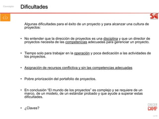 14/99
Dificultades
Algunas dificultades para el éxito de un proyecto y para alcanzar una cultura de
proyectos:
• No entender que la dirección de proyectos es una disciplina y que un director de
proyectos necesita de las competencias adecuadas para gerenciar un proyecto.
• Tiempo solo para trabajar en la operación y poca dedicación a las actividades de
los proyectos.
• Asignación de recursos conflictiva y sin las competencias adecuadas
• Pobre priorización del portafolio de proyectos.
• En conclusión “El mundo de los proyectos” es complejo y se requiere de un
marco, de un modelo, de un estándar probado y que ayude a superar estas
dificultades.
• ¿Claves?
Concepto
 