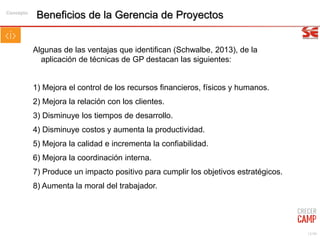 15/99
Beneficios de la Gerencia de Proyectos
Algunas de las ventajas que identifican (Schwalbe, 2013), de la
aplicación de técnicas de GP destacan las siguientes:
1) Mejora el control de los recursos financieros, físicos y humanos.
2) Mejora la relación con los clientes.
3) Disminuye los tiempos de desarrollo.
4) Disminuye costos y aumenta la productividad.
5) Mejora la calidad e incrementa la confiabilidad.
6) Mejora la coordinación interna.
7) Produce un impacto positivo para cumplir los objetivos estratégicos.
8) Aumenta la moral del trabajador.
Concepto
 