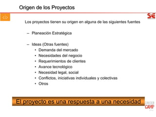 Origen de los Proyectos
Los proyectos tienen su origen en alguna de las siguientes fuentes
– Planeación Estratégica
– Ideas (Otras fuentes)
• Demanda del mercado
• Necesidades del negocio
• Requerimientos de clientes
• Avance tecnológico
• Necesidad legal, social
• Conflictos, iniciativas individuales y colectivas
• Otros
El proyecto es una respuesta a una necesidad
27/31
 