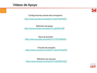 Videos de Apoyo
Configuraciones previas del cronograma
Definición de tareas
https://www.youtube.com/watch?v=ojAIxkN-XfM
https://www.youtube.com/watch?v=IopnYA02DGQ
Tipos de duración
https://www.youtube.com/watch?v=T227SR98a5c
Vínculos de proyecto
https://www.youtube.com/watch?v=iEqmF7NaXLE
Definición de recursos
https://www.youtube.com/watch?v=IQC9f4IcXQU
53
 