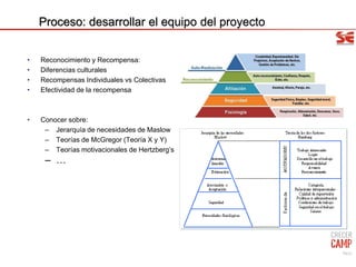 • Reconocimiento y Recompensa:
• Diferencias culturales
• Recompensas Individuales vs Colectivas
• Efectividad de la recompensa
• Conocer sobre:
– Jerarquía de necesidades de Maslow
– Teorías de McGregor (Teoría X y Y)
– Teorías motivacionales de Hertzberg’s
– …
78/31
Proceso: desarrollar el equipo del proyecto
 