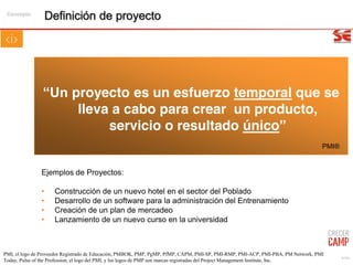 9/99
Definición de proyecto
“Un proyecto es un esfuerzo temporal que se
lleva a cabo para crear un producto,
servicio o resultado único”
PMI®
Ejemplos de Proyectos:
• Construcción de un nuevo hotel en el sector del Poblado
• Desarrollo de un software para la administración del Entrenamiento
• Creación de un plan de mercadeo
• Lanzamiento de un nuevo curso en la universidad
Concepto
PMI, el logo de Proveedor Registrado de Educación, PMBOK, PMP, PgMP, PfMP, CAPM, PMI-SP, PMI-RMP, PMI-ACP, PMI-PBA, PM Network, PMI
Today, Pulse of the Profession, el logo del PMI, y los logos de PMP son marcas registradas del Project Management Institute, Inc.
 