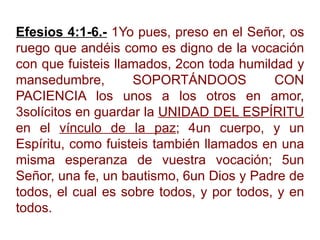 Efesios 4:1-6.- 1Yo pues, preso en el Señor, os
ruego que andéis como es digno de la vocación
con que fuisteis llamados, 2con toda humildad y
mansedumbre, SOPORTÁNDOOS CON
PACIENCIA los unos a los otros en amor,
3solícitos en guardar la UNIDAD DEL ESPÍRITU
en el vínculo de la paz; 4un cuerpo, y un
Espíritu, como fuisteis también llamados en una
misma esperanza de vuestra vocación; 5un
Señor, una fe, un bautismo, 6un Dios y Padre de
todos, el cual es sobre todos, y por todos, y en
todos.
 