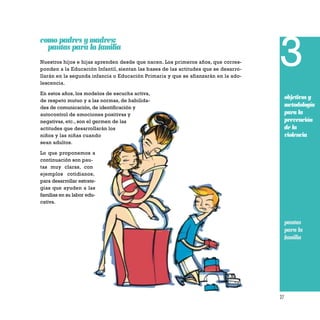 27
3
objetivos y
metodología
para la
prevención
de la
violencia
pautas
para la
familia
como padres y madres:
pautas para la familia
Nuestros hijos e hijas aprenden desde que nacen. Los primeros años, que corres-
ponden a la Educación Infantil, sientan las bases de las actitudes que se desarro-
llarán en la segunda infancia o Educación Primaria y que se afianzarán en la ado-
lescencia.
En estos años, los modelos de escucha activa,
de respeto mutuo y a las normas, de habilida-
des de comunicación, de identificación y
autocontrol de emociones positivas y
negativas, etc., son el germen de las
actitudes que desarrollarán los
niños y las niñas cuando
sean adultos.
Lo que proponemos a
continuación son pau-
tas muy claras, con
ejemplos cotidianos,
para desarrollar estrate-
gias que ayuden a las
familias en su labor edu-
cativa.
 