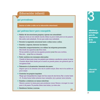 29
Educación infantil
Iniciar al niño y niña en la educación emocional.
qué pretendemos
qué podemos hacer para conseguirlo
❿ Hablar de las emociones propias y ajenas con naturalidad:
Algunas veces yo me enfado mucho. Estoy un poco triste pero se me pasará.
Ese señor está enfadado. Ya veo que estás muy enfadado.
❿ Permitir la expresión emocional tanto a niñas como a niños.
❿ Enseñar a esperar, demorar los deseos.
❿ Describir comportamientos y no utilizar las etiquetas personales:
Has tirado los juguetes y no Eres malo.
Te has subido al sofá con los zapatos puestos y no Eres una cochina.
Has roto… y no Eres un desastre.
❿ Pedir cambios con mensajes adecuados:
Cuando te llamo para cenar me gustaría que vinieras a ayudarme a poner la mesa.
Cuando dejas todo tirado por el suelo no puedo pasar, me gustaría que lo
recogieras todo.
❿ Tolerancia a la frustración. Intentarlo de nuevo:
Seguro que si lo intentas otra vez te saldrá mejor. Esta vez te ha salido un
poco mejor.
❿ Controlar los propios impulsos:
Tengo que tranquilizarme,luego veré las cosas de otra forma.Voy a contar hasta
10. A estas horas todos estamos muy cansados,voy a pensar unos minutos.
❿ Enseñar a colaborar en tareas colectivas:
Vamos a poner la mesa para que podamos cenar.Vamos a recoger la casa
para ir de paseo.Tu puedes llevar esta bolsa y yo ésta otra.
❿ Establecer límites y normas.
3
objetivos y
metodología
para la
prevención
de la
violencia
educación
infantil
educación
infantil
 