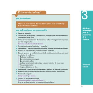 31
Educación infantil
qué pretendemos 3
objetivos y
metodología
para la
prevención
de la
violencia
educación
infantil
Educar en la tolerancia. Ayudar al niño y niña en el aprendizaje
de resolución de conflictos.
qué podemos hacer para conseguirlo
❿ Cuidar el lenguaje.
❿ Evitar el uso de etiquetas y estereotipos ante personas diferentes en fun-
ción de sexo, raza, edad.
❿ Evitar discusiones delante de las niñas y niños sobre problemas que no
pueden comprender:
Deberíamos hablar más tarde de esto.
❿ Evitar situaciones de hostilidad y revancha.
❿ Hacer frente a los contratiempos cotidianos, evitando actitudes derrotistas.
❿ Mostrar en casa actitudes positivas ante los conflictos.
❿ Cuando aparece un conflicto dentro de la familia, enseñar los pasos para
la solución de conflictos:
❿ Cuál es el problema.
❿ Qué tenemos que conseguir.
❿ Qué alternativas hay.
❿ Analizar las alternativas (ventajas e inconvenientes de cada una).
❿ Tomar una decisión.
❿ Responsabilizarse de ella.
❿ No utilizar la violencia verbal o física para resolver las disputas familiares.
❿ No hacer caso a las explosiones de ira o rabietas (retirar la atención).
❿ Practicar la empatía:
Comprendo lo que sientes.
❿ No caer en las manipulaciones:
Como otros padres y madres lo hacen,…
Si no se ve claro, es mejor no hacerlo ni dejarlo hacer.
educación
infantil
 