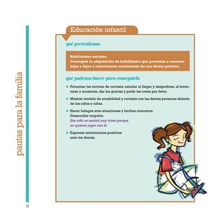 Educación infantil
34
pautasparalafamilia
Habilidades sociales.
Conseguir la adquisición de habilidades que permitan a nuestras
hijas e hijos a relacionarse socialmente de una forma positiva.
qué podemos hacer para conseguirlo
❿ Fomentar las normas de cortesía: saludar al llegar y despedirse, al levan-
tarse y acostarse, dar las gracias y pedir las cosas por favor.
❿ Mostrar modelo de amabilidad y cortesía con las demás personas delante
de los niños y niñas.
❿ Hacer halagos ante situaciones y hechos concretos.
Desarrollar empatía:
Ese niño se sentirá muy triste porque
no quieres jugar con él.
❿ Expresar sentimientos positivos
ante los demás.
qué pretendemos
 