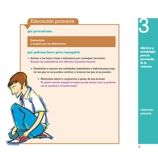 Educación primaria
35
qué pretendemos 3
objetivos y
metodología
para la
prevención
de la
violencia
educación
primaria
Autoestima
y respeto por las diferencias.
qué podemos hacer para conseguirlo
❿ Animar a los hijos e hijas a esforzarse por conseguir las metas:
Aunque las matemáticas son difíciles, tú puedes hacerlo.
❿ Enseñarles a conocer sus cualidades, habilidades y defectos para acep-
tar las que no se pueden cambiar y mejorar las que sí se pueden.
❿¤Mostrarles afecto y aceptación a pesar de sus errores:
Te quiero mucho aunque no hayas sacado buena nota, la próxima
vez te ayudaré y lo harás mejor.
 