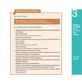 Educación primaria
41
qué pretendemos 3
objetivos y
metodología
para la
prevención
de la
violencia
educación
primaria
Que nuestros hijos e hijas aprendan habilidades
para relacionarse socialmente con las demás personas.
qué podemos hacer para conseguirlo
❿ Reflexionar sobre los modelos de comportamiento que se transmiten dentro
de la familia.
❿ Pedir colaboración:
Necesito que me ayudes a limpiar todo esto.
❿ Practicar la escucha activa.
❿ Poner en práctica todas las técnicas para pedir cambio de conducta y
hacer críticas.
❿ Hacer halagos:
¡Que bien has hecho hoy los deberes!
❿ Reconocer errores:
Ya sé que no debería haberme enfadado tanto,perdóname.
❿ Basar las relaciones familiares en el afecto.
❿ Elegir el momento y el lugar adecuado para dialogar. El clima debe ser
relajado para favorecer la comunicación.
❿ En situaciones difíciles y estresantes, no comunicar cuestiones delicadas,
evitando amenazas y expresiones agresivas.
❿ Establecer costumbres y rutinas diarias,como las comidas y las cenas com-
partidas y relajadas.
❿ Respetar el turno en las conversaciones.
❿ Cuando los hijos o hijas te cuentan algo que le ha pasado,los adultos tienen
que actuar con calma,escuchar activamente,sin juzgar ni criticar.
❿ Mostrar interés y seriedad hacia lo que los menores expresan, nunca
decir cosas como:
Eso son tonterías.
 