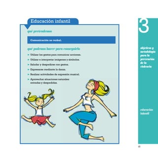 49
Educación infantil
Comunicación no verbal.
qué pretendemos 3
objetivos y
metodología
para la
prevención
de la
violencia
educación
infantil
qué podemos hacer para conseguirlo
❿ Utilizar los gestos para comunicar acciones.
❿ Utilizar e interpretar imágenes y símbolos.
❿ Saludar y despedirse con gestos.
❿ Expresarse mediante la danza.
❿ Realizar actividades de expresión musical.
❿ Aprovechar situaciones naturales:
entradas y despedidas.
 