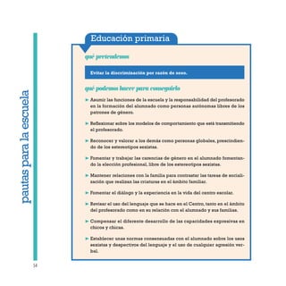 Educación primaria
Evitar la discriminación por razón de sexo.
qué pretendemos
54
qué podemos hacer para conseguirlo
❿ Asumir las funciones de la escuela y la responsabilidad del profesorado
en la formación del alumnado como personas autónomas libres de los
patrones de género.
❿ Reflexionar sobre los modelos de comportamiento que está transmitiendo
el profesorado.
❿ Reconocer y valorar a los demás como personas globales, prescindien-
do de los estereotipos sexistas.
❿ Fomentar y trabajar las carencias de género en el alumnado fomentan-
do la elección profesional, libre de los estereotipos sexistas.
❿ Mantener relaciones con la familia para contrastar las tareas de sociali-
zación que realizan las criaturas en el ámbito familiar.
❿ Fomentar el diálogo y la experiencia en la vida del centro escolar.
❿ Revisar el uso del lenguaje que se hace en el Centro, tanto en el ámbito
del profesorado como en su relación con el alumnado y sus familias.
❿ Compensar el diferente desarrollo de las capacidades expresivas en
chicos y chicas.
❿ Establecer unas normas consensuadas con el alumnado sobre los usos
sexistas y despectivos del lenguaje y el uso de cualquier agresión ver-
bal.
pautasparalaescuela
 