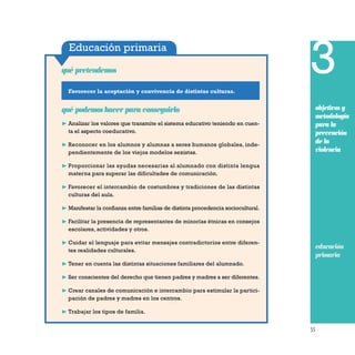55
Educación primaria
Favorecer la aceptación y convivencia de distintas culturas.
qué pretendemos
qué podemos hacer para conseguirlo
❿ Analizar los valores que transmite el sistema educativo teniendo en cuen-
ta el aspecto coeducativo.
❿ Reconocer en los alumnos y alumnas a seres humanos globales, inde-
pendientemente de los viejos modelos sexistas.
❿ Proporcionar las ayudas necesarias al alumnado con distinta lengua
materna para superar las dificultades de comunicación.
❿ Favorecer el intercambio de costumbres y tradiciones de las distintas
culturas del aula.
❿ Manifestar la confianza entre familias de distinta procedencia sociocultural.
❿ Facilitar la presencia de representantes de minorías étnicas en consejos
escolares, actividades y otros.
❿ Cuidar el lenguaje para evitar mensajes contradictorios entre diferen-
tes realidades culturales.
❿ Tener en cuenta las distintas situaciones familiares del alumnado.
❿ Ser conscientes del derecho que tienen padres y madres a ser diferentes.
❿ Crear canales de comunicación e intercambio para estimular la partici-
pación de padres y madres en los centros.
❿ Trabajar los tipos de familia.
3
objetivos y
metodología
para la
prevención
de la
violencia
educación
primaria
 
